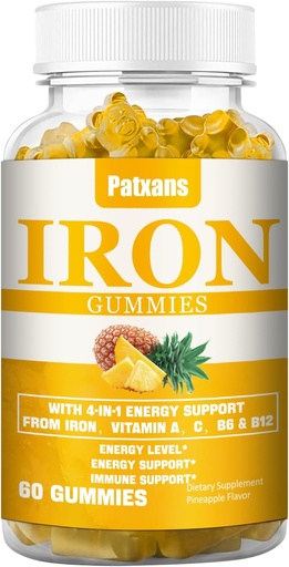 [BRSRA2QQO4HBOA32] 1 Pack 100MG Iron Supplement Gummies for Women & Men - with Vitamin A, C, B - Energy Support for Iron Deficiency, Anemia, Adults ＆ Children, Pineapple Flavor Gummy, 60ct.