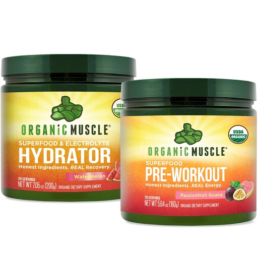 [BRSW2EAQOUCQIYIV] Organic Muscle Bundle - Pre-Workout Powder for Energy (Passionfruit Guava) + Replenisher for Hydration (Watermelon) - USDA Certified Organic