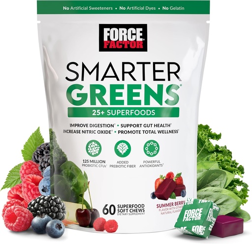 [BRSW2AANCQMAECT5] FORCE FACTOR Smartter Greens Superfood Chews, Greens and Superfoods Probiootteja, Antioksidantteja ja kuitua, Greens Supplement to Support Digestion, Typpioksidia, ja energia, 60 pehmeää purukumia