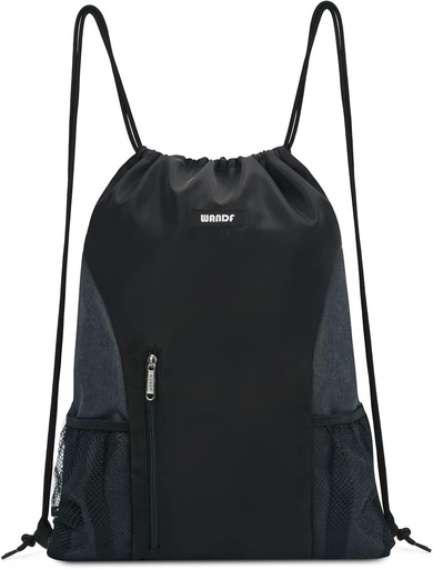 [BRSW22QFOIPGGF3L] WANDF Drawstring Backpack Sports Gym Sackpack with Mesh Pockets Water Resistant String Bag for Women Men(Black)