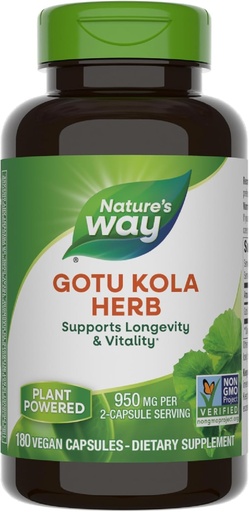[BRSWKFYDOAFB4AAV] Nature's Way Gotu Kola Herb, Supports Longevity and Vitality*, 2Capsule'ye 950 mg, Non-GMO Projesi Doğrulandı, 180 Capsules (Pazar May Vary)