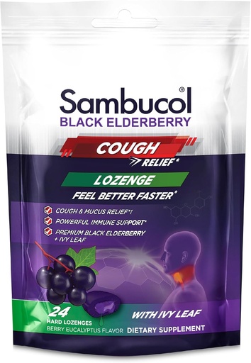 [BRSRAZYZOB7BYAL4] Sambucol Black Elderberry Cough Relief Lozenges - Cough Drops for Adults, Sambucus Elderberry Lozenges, с Ivy Leaf, Cough & Mucus Relief, Immune Support, Berry Eucalyptus - 24 Count, 3 Pack