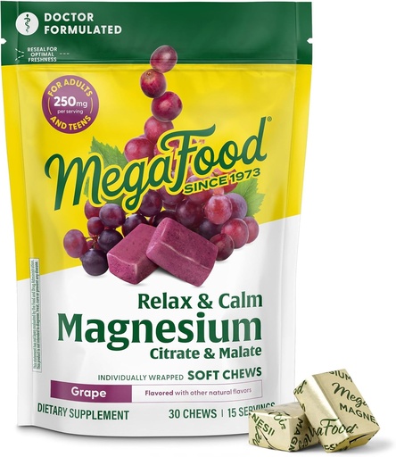 [BRSWYZAZO4OWECTV] MegaFood Relax + Suplemento de magnesio Calm - Doces con citrato de magnesio e Malato para a saúde cardíaca, tensión muscular e máis - Vegetariano - Grape-Flavor - 30 Chews (15 porcións)