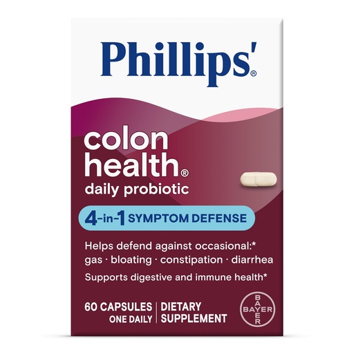 [BRSWIZI3AJ4Q4GD4] Phillips' Colon Health Daily Probiotic Capsules, 4-in-1 Symptom Defense to help defend against Occasional Gas, Bloating, Constipation, and Diarrhea, Daily Supplement, 60 Count