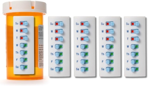 [BRSWG2QTB4FAMH36] Take‑n‑Slide Peel and Stick Reusable for 12 + Refills, Pill/Medication/Vitamin/Pet Med Tracker & Reminder, Attach to Your Bottle, Organizer-Free, Curved‑Back (White, 5-Pack)