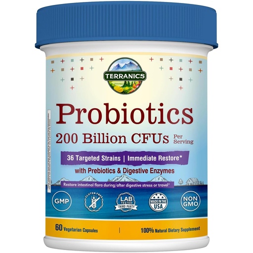 [BRSW2HAFDIOQA2T5] Terranics Daily Probiotics for Men & Women, 200 Billion 36 Strains Immediate Restore Probiotics, with Prebiotics & Enzymes, Delayed Release, Shelf Stable, 60 Veggie Caps
