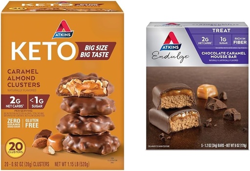 [BRSROBL3DMDWEHYU] Atkins Caramel Mandel Clusters, Gluten Free, High in Fiber, 1g Sugar, 2g Net Carb, Keto Friendly, 20 Count & Endulge Chocolate Caramel Mousse Bar, Dessert Favorite, 1g Sugar, High in Fiber, 5 Count
