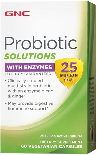 [BRSWEBIFB4IR4DL6] GNC Probiotic Solutions with Enzymes, Provides Digestive and Immune Support, 25 Billion CFUs, 60 Vegetarian Capsules, 60 Servings