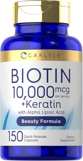[BRSRMZD4ORYRY2Q2] Carlyle Biotin 10000mcg | 150 캡슐 | Keratin의 아름다움 공식 | Non-GMO, 글루텐 무료 보충