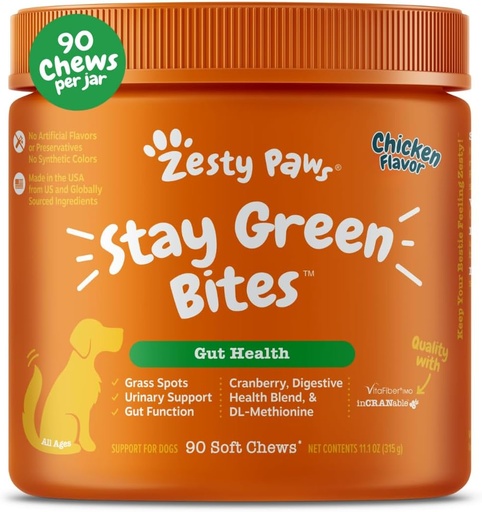[BRSWGZ3RBF7RGYL5] Zesty Paws Stay Green Bites for Dogs - Grass Burn Soft Chews for Lawn Spots Caused by Dog Urine - with Cranberry for Urinary Tract & Bladder - Chicken - 90 Count