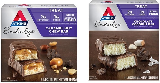[BRSRAY33O4BBQ23G] Atkins Endulge Caramel Nut Chew & Chocolate Coconut Bars, 1g Sugar, 5 Count