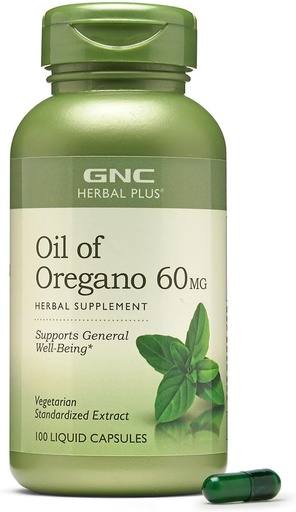 [BRSWIGABBJ4AKDLY] GNC Herbal Plus Oil of Oregano 60mg Suplemento, Vegetariano, apoya el bienestar general, 100 servicios