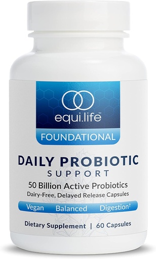 [BRSRMAAQBUIQEAA3] Equilife Daily Probiotic Support, 50 Billion CFU, 8 Probiotic Strains, Digestive and Gut Health Supplement for Men and Women, Gluten Free, Soy and Dairy Free, Non GMO, American Made, 60 Capsules