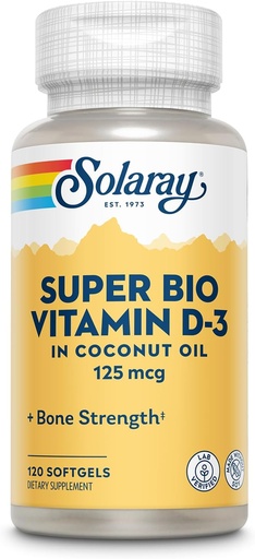 [BRSWIGYYBIEBCC3A] SOLARAY Super Bio Vitamin D3 in Coconut Oil - D3 Vitamin 5000 IU - Συμπλήρωμα για την υγεία των οστών και το ανοσοποιητικό - Lab Επαληθευμένο, Made Wtihout Soy, 60 ημερών εγγύηση - 120 Softgels, 120 υπηρεσίες