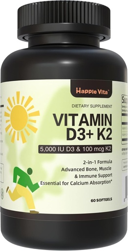[BRSRAAQ3BEPAKGQY] Vitamin D3 K2, Vitamin D3 5000 IU (125 mcg) + Vitamin K2 100 mcg, 2 in 1 D3 and K2 Supplements for Bone, Teeth, Muscle and Immune Health Support, 60 Softgels