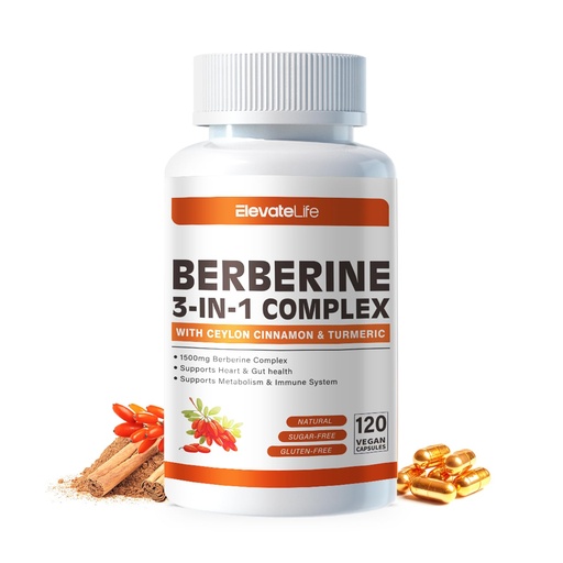 [BRSRAEIHCABRAHTG] ElevateLife Berberine Supplement - Berberine 1500mg Per Serving,120 Capsules - Berberine HCI - Berberine Plus - Plus Pure True Ceylon Cinnamon, Berberine HCI Root Supplements Pills