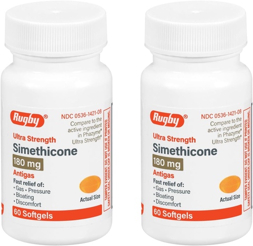 [BRSWIAT7DF5QMGDG] Rugby Ultra Strength Simethicone Gas Relief 180 mg - Maximum Gas Relief for Adults - May Help with Symptoms of Flatulence, Bloating, Gas Fullness - 60 Softgels (2 Pack)