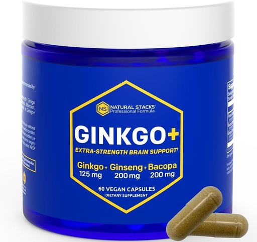 [BRSRMZIRDN5RAD3D] NATURAL STACKS Ginkgo Biloba Suplement z 200mg Panax Ginseng & 200mg Bacopa Monnieri - Suplementy mózgu do pamięci i skupienia - Koreański Ginseng do wsparcia zdrowia mózgu - 60 Ginkgo Biloba kapsułki