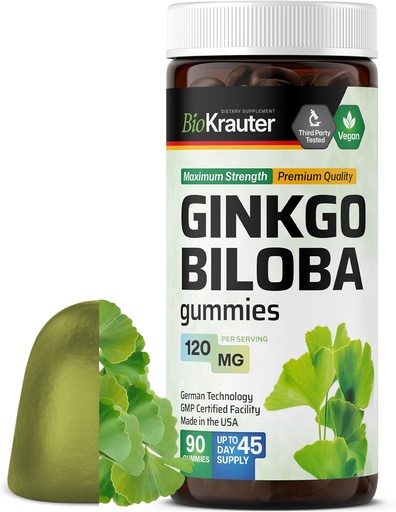 [BRSRMEIBDIJRUCQ4] BIO KRAUTER Ginkgo Biloba Gummies - 90 Vegan Chews - Ginkgo Biloba papildai smegenų palaikymui - 120 mg Standartinis ekstraktas - Pectin- Pagrįsta formulė