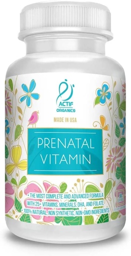 [BRSRAZAEPMIGGGT7] ACTIF Organic Prenatal Vitamin with 30+ Organic Vitamins, 100% Natural, DHA, EPA, Omega 3, and Organic Herbal Blend - Non-GMO, 45 Servings