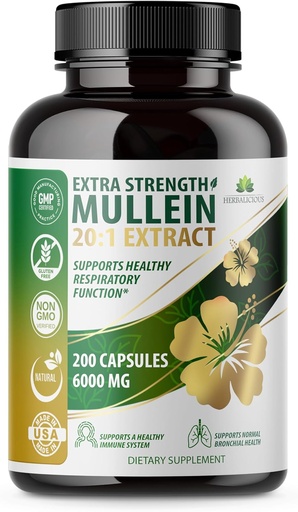 [BRSRAAYPPNYRSCDB] HERBALICIIOUS Mullein Leaf Extract Verbascum Thapsus 20: 1- 200 Kapsułki - Natural Lung Detox Herbal Supplement - Wspiera zdrowie układu oddechowego i immunologicznego, Lung Cleanse