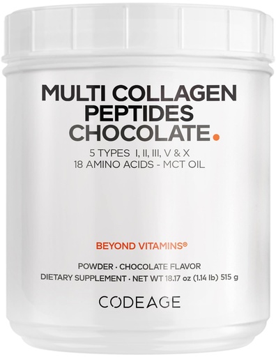 [BRSWGFQFAUFWKGYZ] Codeage Multi Collagen Chocolate Protein Powder - Hydrolyzed Bovine Collagen Peptides, 5 Collagen Types & MCT Oil - Collagen Creamer, Chocolate Collagen Peptides - Protein Shakes - Non-GMO - 18.17 oz