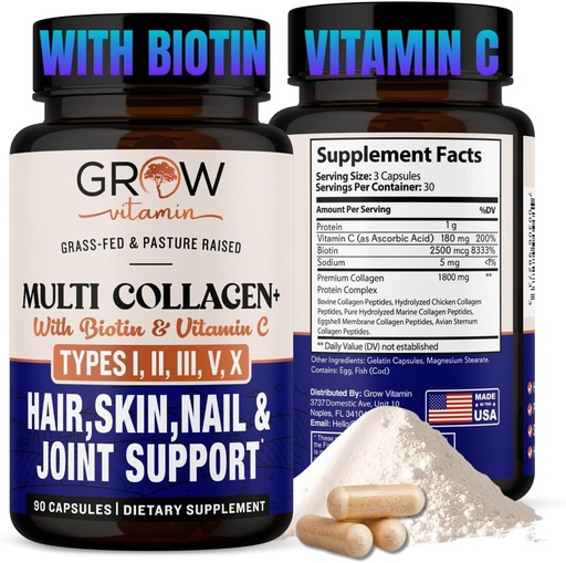 [BRSROGQYOYPRQH32] grow vitamin Multi Collagen Capsules - Types I, II, III, V & X | Hydrolyzed Blend with Biotin & Vitamin C for Hair, Skin, Nails 90 Capsules