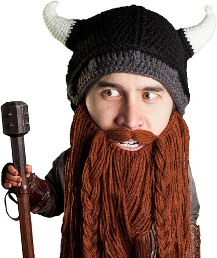 [BRSWGCA2DEDWCD36] Beard Head Viking Pillager - Original Handmade Knit Viking Horn Helmet and Removable Braided Brown/Black Beard