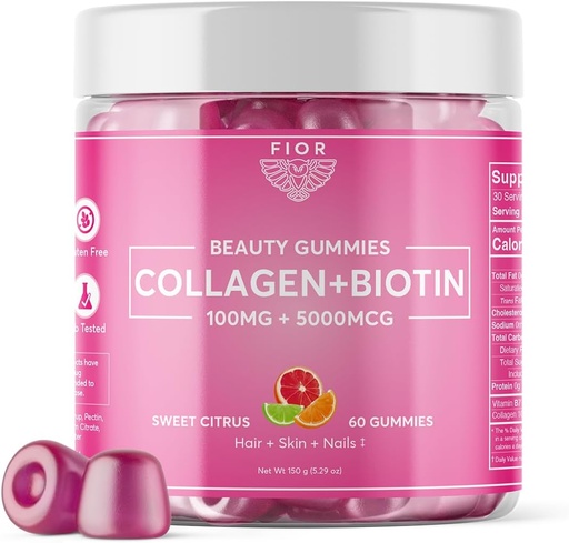 [BRSRMBQECIJWYEQ2] FIOR 60 ct Biotin and Collagen Supplements. Best Collagen & Biotin Vitamins for Hair Skin and Nails. Collagen Gummies & Biotin Gummies are Hair Skin and Nails Vitamins Beauty Gummies.