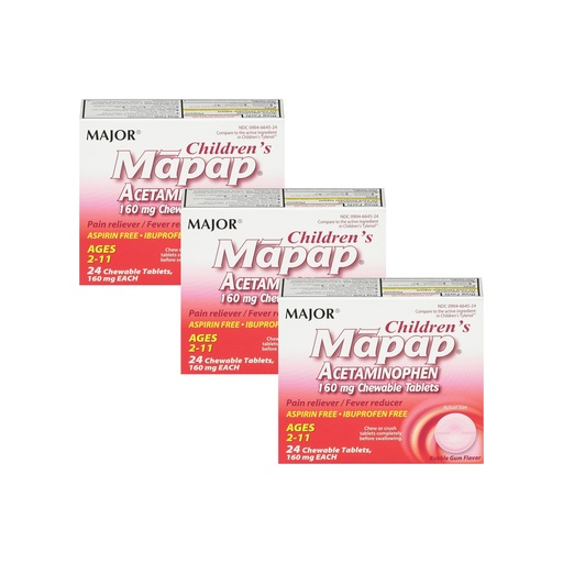 [BRSWIZY5BZ4B4C3A] MAJOR Children’s Mapap Acetaminophen 160 mg Chewable Tablets - Pain Reliever/Fever Reducer - Aspirin Free - Ibuprofen Free - for Ages 2 to 11-24 Count (3 Pack)
