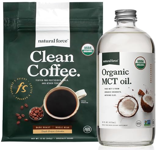 [BRSWYHQNDF5BS3TJ] Natural Force Organic Dark Roast Clean Coffee + Organic MCT Oil Bundle – 100% Pure Coconut MCTs & Mold & Mycotoxin Free Coffee – Non-GMO, Keto, Paleo, and Vegan - 12 Oz and 16 Oz