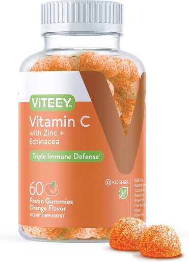 [BRSWYBIPCAFQKH3B] Viteey Vitamin C Gummies per Adulti & adolescenti con Zinc & Echinacea - Supporto Immune Gummies - Vegan, Gelatin Free, Gluten Free, OGM Free - Tasty Vitamin C Chewable Orange Flavored Gummy