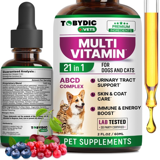 [BRSROCA2PJ6WYYA4] TOBYDIC Cat & Dog Multivitamin 21 in 1 Pet Supplements with Cranberry & Glucosamine - Natural Medicine & Support for UTI, Urinary Tract, Bladder, Kidney, Skin Coat, Joints Treatment