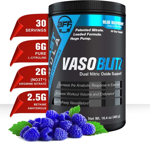 [BRSWGFAKDMBWGCD2] VASOBLITZ Award Winning Dual Nitric Oxide Pre Workout with NO3T Arginine Nitrate,L-Citrulline,Betaine Anhydrous,Calcium Lactate,Caffeine Free for Muscular Endurance(30 Serving) (Blue Raspberry)