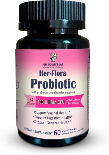 [BRSRAGL5OAIR4DQU] Physician’s Lab Her-Flora Women’s Probiotic 100 Billion CFU per Capsule, Non-GMO, 34 Strains, with Prebiotics & Digestive enzymes, Gut & Vaginal Health, H.Pylori Support, 60 Veg Caps,2-Months Supply!