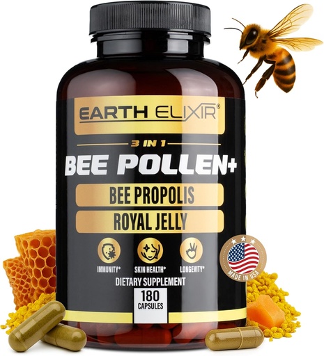 [BRSROEL2CQFQ2CL4] Lurra Elixir 3in-1 Bee Pollen kapsula organikoa - Ez-GMO, Pure Raw Bee Pollen, Royal Jelly, Propolis Extract for Women & Men - Energia naturala, Immune & Vitality Support - 180 Propolis kapsulak