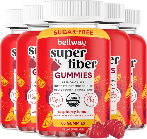 [BRSROGQCPNYAMFAU] Bellway Super Fiber Gummies for Adults (5 Pack) - Sugar Free Organic Fiber Supplement Gummies with 4g of Fiber per Serving - Prebiotic Chicory Root Fiber for Gut Health, Raspberry Lemon, 300 Count