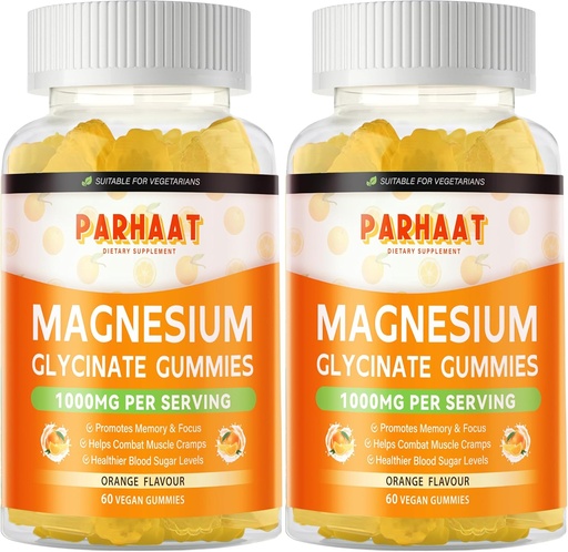 [BRSRAFT5DMIAEDT4] Magnesium Glycinate Gummies 1000mg - Sugar Free Magnesium Potassium Supplement med vitamin D, B6, Q10 för lugn humör och sömnstöd - 120 Orange Gummies 2 Pac
