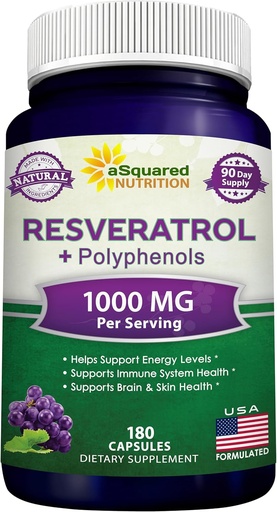 [BRSWKHQIPMBRCHLU] aSquared Nutrition Natural Resveratrol with Red Wine Extract - 180 Cápsulas - Trans Resveratrol Antioxidant Supplement Pills for Pure Heart Health - Extra Strength Trans-Resveratrol