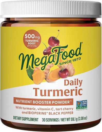 [BRSWIGY5OMDBKE3M] MegaFood Daily Turmeric Nutrient Booster Powder - Turmeric Supplement -with Black Pepper Extract, Tart Cherry & Vitamin C - Vegan - Made Without 9 Food Allergens - 2.08 Oz (30 Servings)