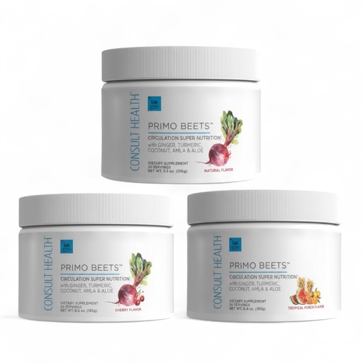 [BRSWYAYQOEMQG3LB] Consult Health Primo Beets Beet Root Powder Drink Mix with Nitrates, Daily Circulation Support with Ginger and Turmeric, 3 Pack of Flavors, Cherry, Natural, Tropical Punch 6.5 oz Each