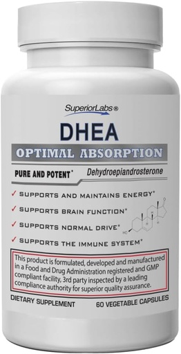 [BRSWIAD4CQEBA2Y3] Superior Labs – Extra Strength Natural DHEA – Non-GMO 100 mg Dose, 60 Vegetable Capsules – Promotes Healthy Aging in Men & Women – Helps Restores Youthful Energy Levels