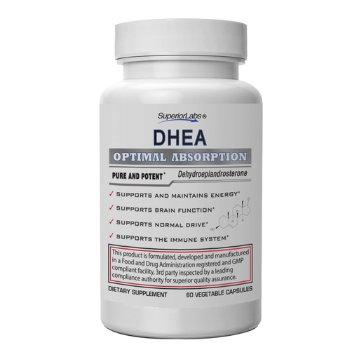 [BRSWIAD4CQEBA2Y3] Superior Labs – Extra Strength Natural DHEA – Non-GMO 100 mg Dose, 60 Vegetable Capsules – Promotes Healthy Aging in Men & Women – Helps Restores Youthful Energy Levels