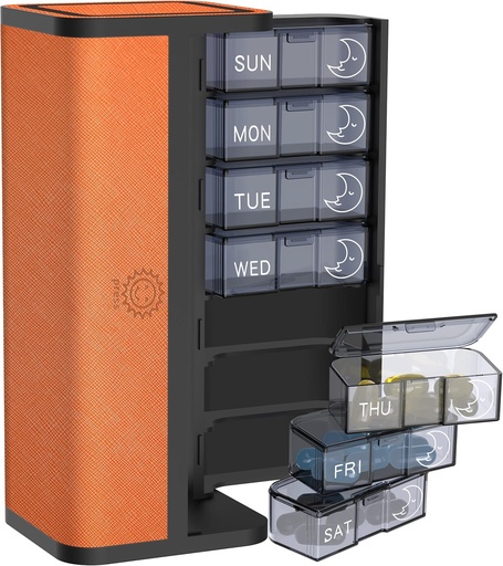 [BRSREZI3BUMWGDI4] 7-Day AM/PM Pill Organizer with Scratch-Resistant Leather Case - Portable Weekly Travel Medicine Box with Detachable Daily Pods & Privacy Design (Bright Orange)