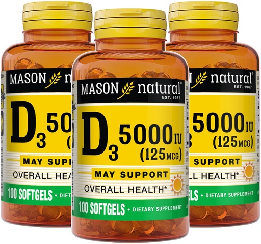 [BRSWGAQBCUMGKAAZ] MASON NATURAL Витамин D3 125 мкг (5000 МЕ) - Поддерживает общее здоровье, укрепляет кости и мышцы, из рыбьего жира печени, 50 софтгелей (упаковка 3)