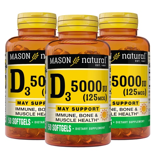 [BRSWGAQBCUMGKAAZ] MASON NATURAL Vitamin D3 125 mcg (5000 IU) - Supports Overall Health, Strengthens Bones and Muscles, from Fish Liver Oil, 50 Softgels (Pack of 3)