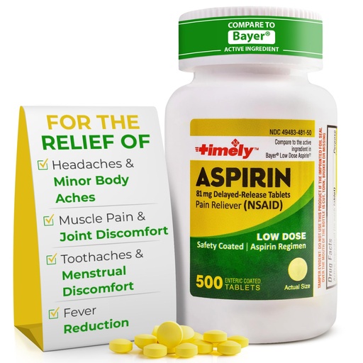 [BRSROAICBEDRS3DD] TIME-Cap Labs 500 Tablets Low Dose Aspirin 81mg Enteric Coated - NSAID Pain Reliever & Fever Reducer for Adults, Helps with Minor Aches, Headaches, Muscle Pain, Toothaches, and Joint Discomfort
