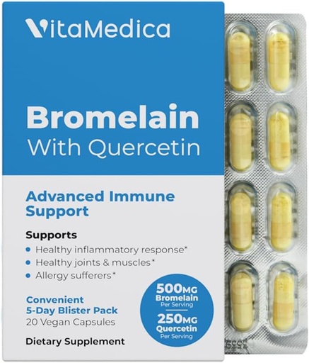 [BRSWYEAZBMPWYYDB] VitaMedica Bromelain & Quercetin Supplement - 500mg Bromelain 250mg Quercetin - 2400 GDU for Immunity, Joint Support, Inflammation and Muscle Recovery - 20 Vegan Capsules - 5 Day Supply