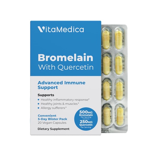 [BRSWYEAZBMPWYYDB] VitaMedica Bromelain & Quercetin Supplement - 500mg Bromelain 250mg Quercetin - 2400 GDU for Immunity, Joint Support, Inflammation and Muscle Recovery - 20 Vegan Capsules - 5 Day Supply