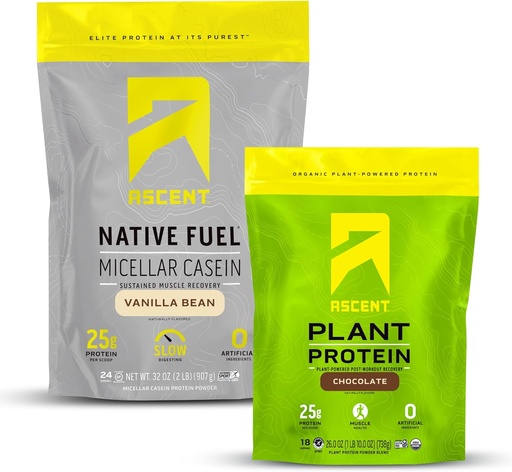 [BRSROFICAQMA2FIZ] Ascent Casein Protein Powder Vanilla Bean 2 lb & Plant Protein Powder Chocolate 18 Servings